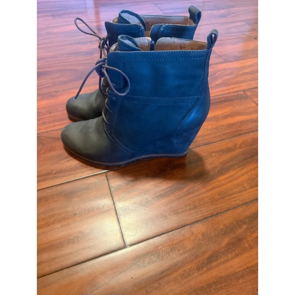 Biala Leather Wedge Ankle Boots Grey Lace Up Side Zip Booties Womens 39